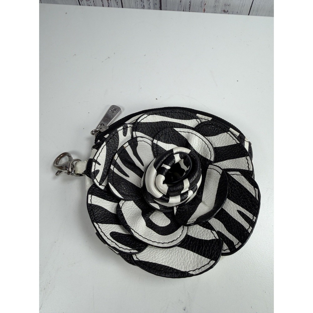 GRACE ADELE BLACK & WHITE ZEBRA PRINT 3D ROSE FLOWER PURSE CHARM COIN WOMEN BAGS